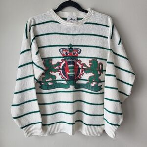 Aitch Striped White and Green Women's Preppy Country Style Knit Sweater Sz Large